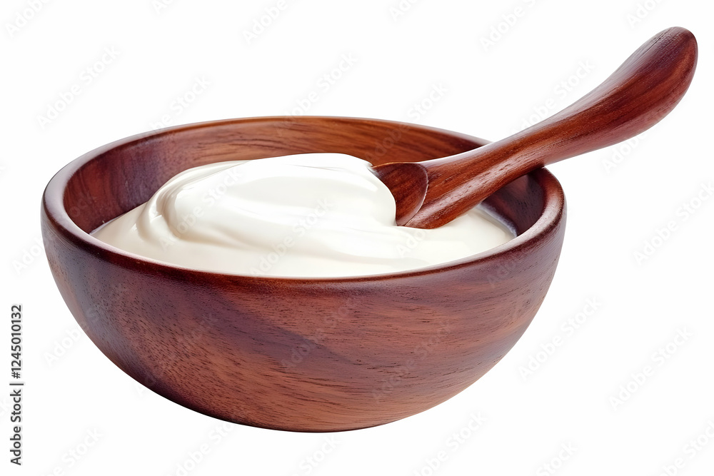 Smooth White Cream in a Wooden Bowl with a Wooden Spoon on a White Background Smooth White Cream in a Wooden Bowl with a Wooden Spoon on a White Background