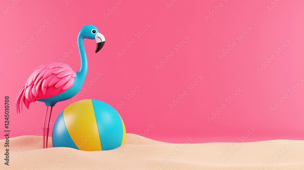Obraz premium Colorful Flamingo with Beach Ball on Sand and Pink Background