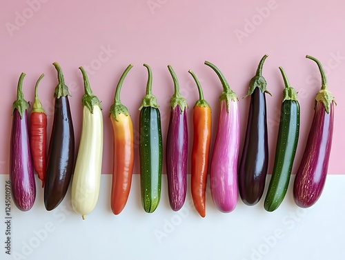 Colorful eggplants arranged on pink & white background photo