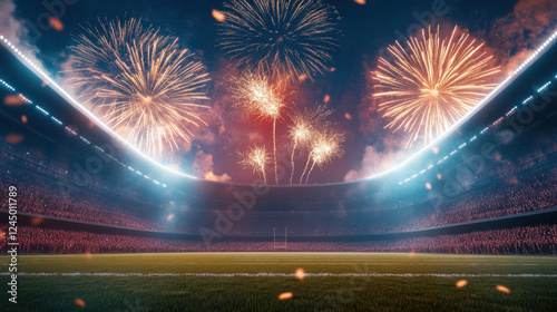 vibrant New Year Eve celebration at football stadium, featuring colorful fireworks illuminating night sky above lush green field