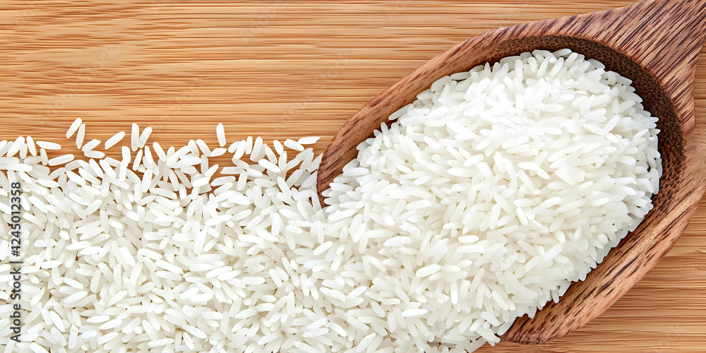 White rice grains spill from a wooden spoon onto a bamboo cutting board, ready for cooking. White rice grains spill from a wooden spoon onto a bamboo cutting board, ready for cooking.