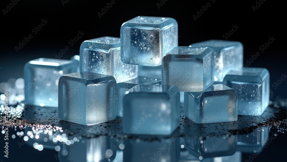 Pile of melting ice cubes on a reflective dark surface with water droplets and condensation Pile of melting ice cubes on a reflective dark surface with water droplets and condensation