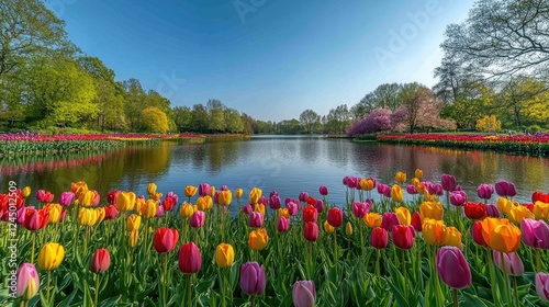 A stunning wide-angle shot of the tulip gardens in Keukenhof, showcasing rows and rows of tulips in every color imaginable, from red to purple to yellow