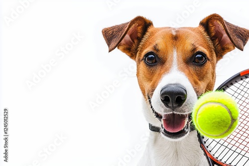 Playful Jack Russell Terrier With Tennis Ball And Racket photo