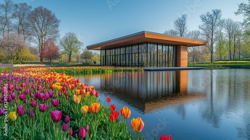 A stunning wide-angle shot of the tulip gardens in Keukenhof, showcasing rows and rows of tulips in every color imaginable, from red to purple to yellow