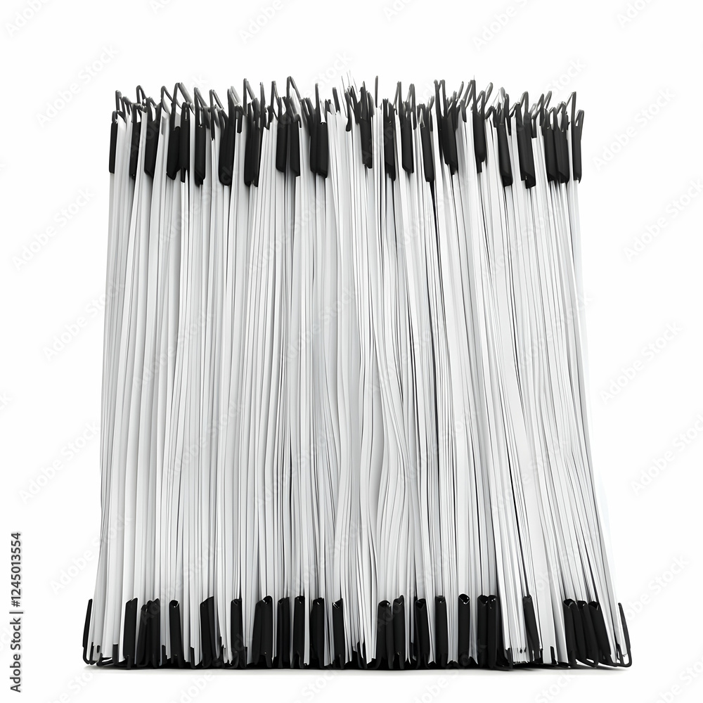 Stack of Paper Sheets with Black Binding Clips on White Background Presents Organization Stack of Paper Sheets with Black Binding Clips on White Background Presents Organization