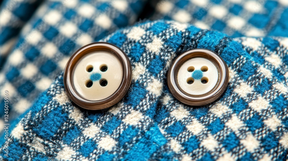 Close-up of Stylish Blue and White Checkered Fabric with Buttons Close-up of Stylish Blue and White Checkered Fabric with Buttons