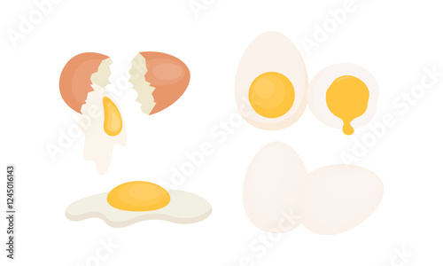 Egg sets in various forms raw, boiled and fried. Organic agricultural products. Ingredients for breakfast
