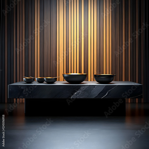 Black bowls sit on a black ...