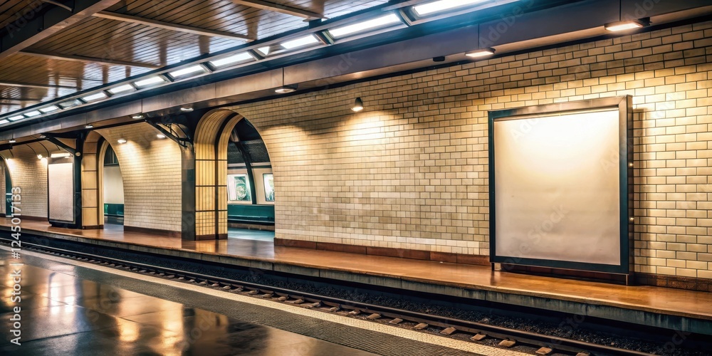 A dimly lit empty billboard in a Parisian subway station, with blank space where advertisements once stood , urban landscape, french architecture
