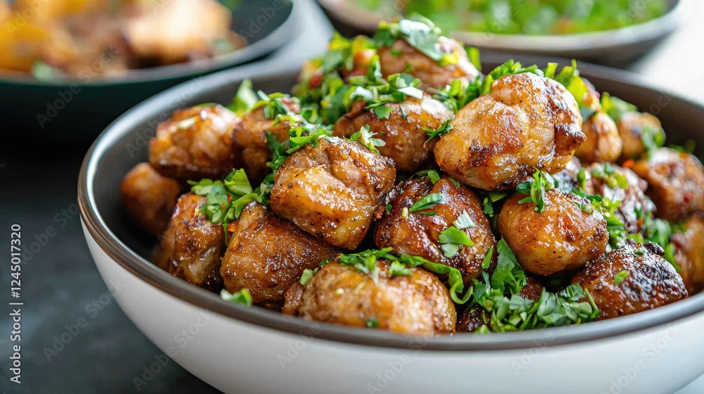 Delicious roasted chicken bites, herbs garnish, buffet setting, close-up shot Delicious roasted chicken bites, herbs garnish, buffet setting, close-up shot