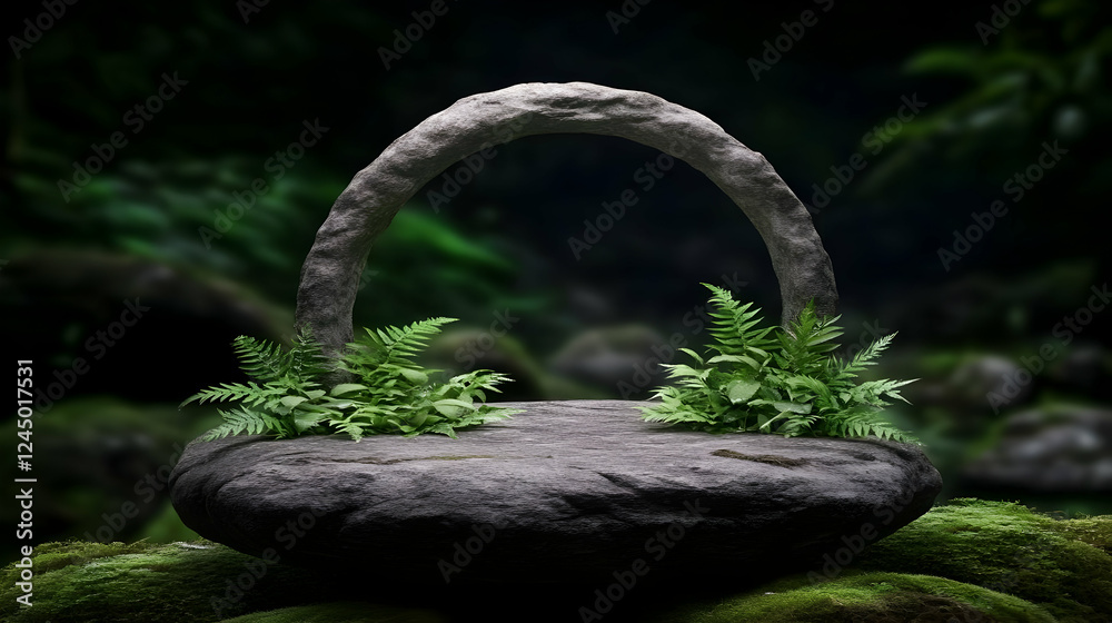 Fototapeta premium Stone Arch and Rock Podium with Ferns in a Lush Forest Setting Creates a Mystical Ambiance.