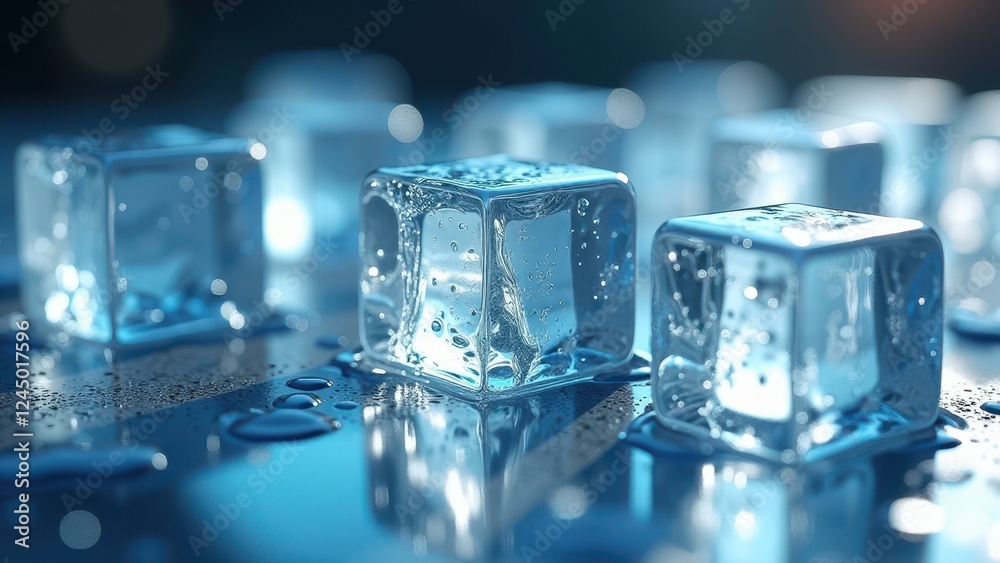 Melting ice cubes with water droplets on a reflective surface under cool blue lighting Melting ice cubes with water droplets on a reflective surface under cool blue lighting