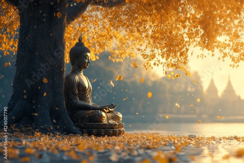 Buddha statue meditating under autumn tree, serene lake background; spiritual peace photo