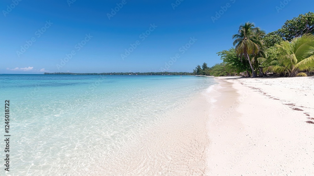 Fototapeta premium Tropical beach, clear water, palm trees, sunny day, travel