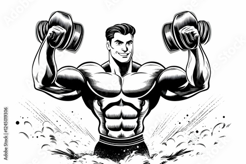 Muscular Man Lifts Dumbbell...