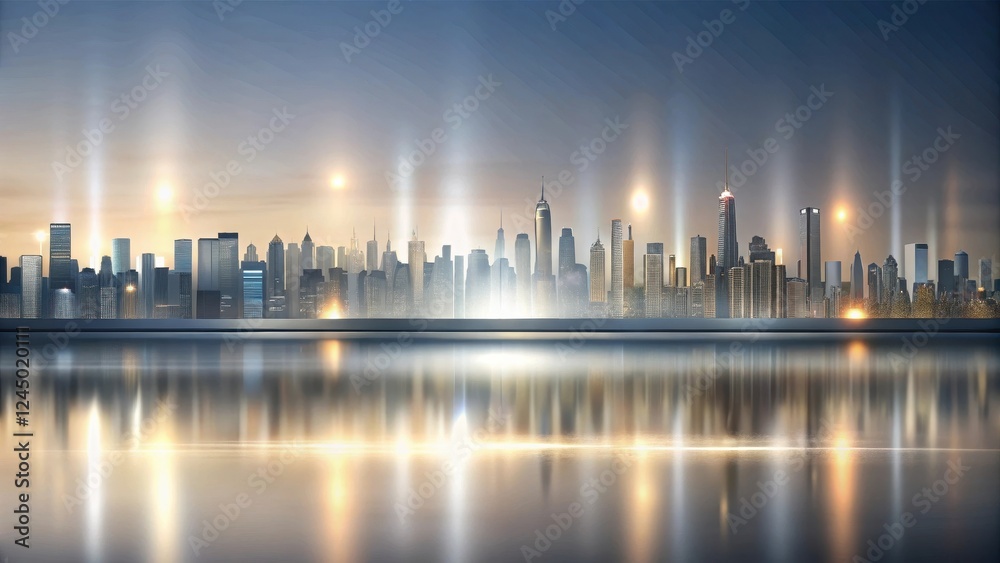 Fototapeta premium A gradient silver background with a sleek and modern aesthetic, set against a minimalist cityscape at sunset, modern cityscape, city lights