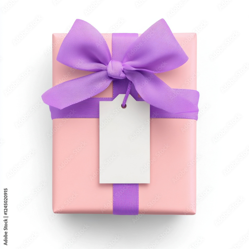 pink gift box wrapped with purple ribbon and blank tag, perfect for any occasion. This delightful present adds touch of elegance and joy to celebrations pink gift box wrapped with purple ribbon and blank tag, perfect for any occasion. This delightful present adds touch of elegance and joy to celebrations