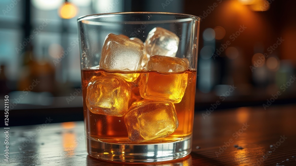 Glass of whiskey with melting ice cubes on a wooden surface in warm evening light Glass of whiskey with melting ice cubes on a wooden surface in warm evening light