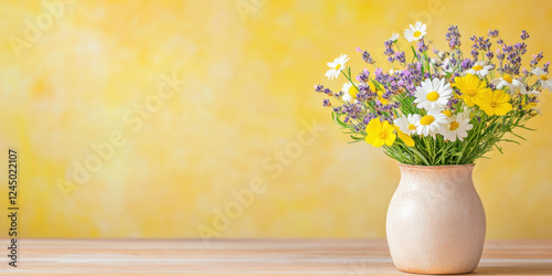 Wallpaper Mural vibrant bouquet of wildflowers in ceramic vase against yellow background creates cheerful atmosphere. arrangement features daisies, lavender, and yellow blooms, perfect for brightening any space Torontodigital.ca