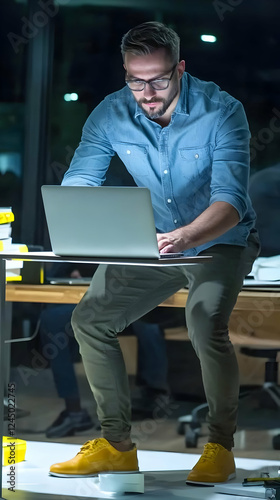 Man Works Late on Laptop at...