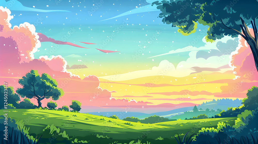 Fototapeta premium Serene landscape at sunset with colorful clouds and a starry sky over a green meadow