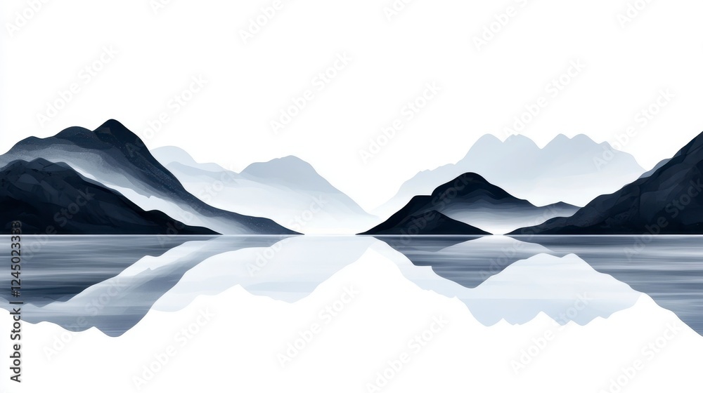 Fototapeta premium Tranquil Reflections of Mountains in Misty Waterscape Scene