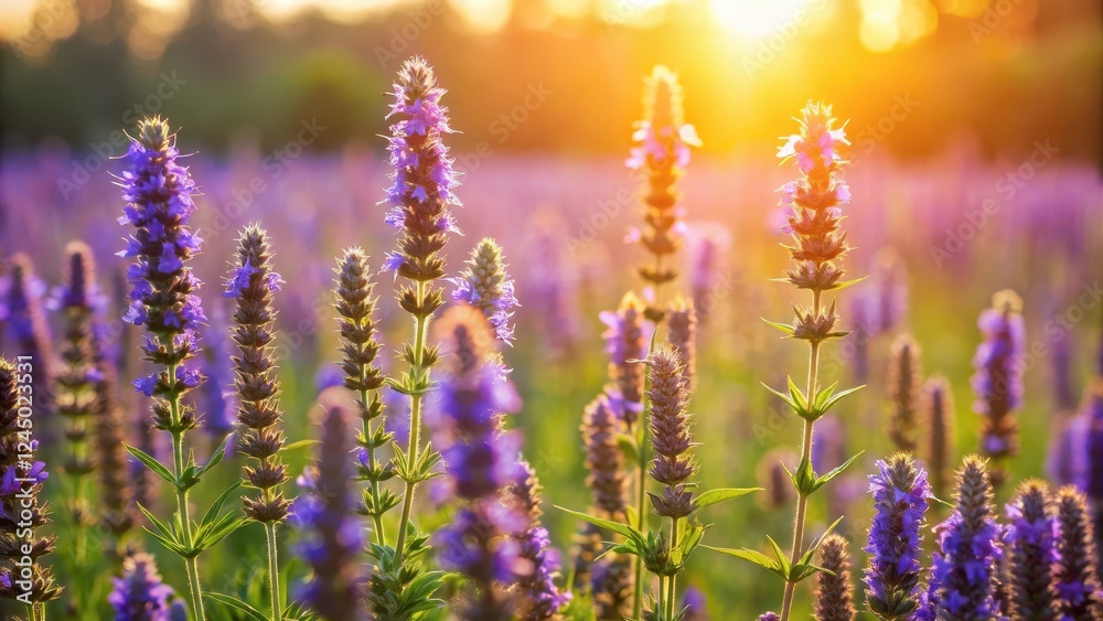 Fototapeta premium Hyssop blooms in a field with a warm sunlight background , natural, summer, natural, summer, wildflowers, flora