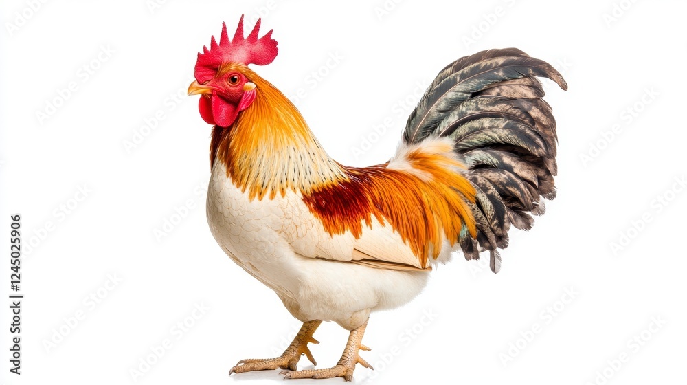 Fototapeta premium Colorful Rooster with Vibrant Feathers Posing on White Background