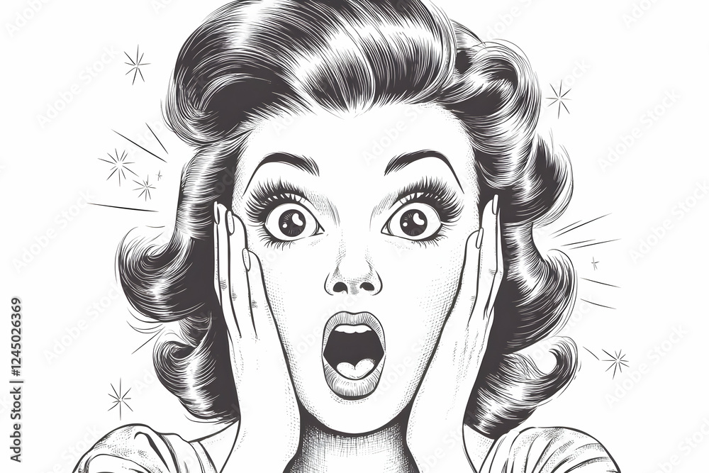 Woman expresses shock with wide eyes and open mouth, a vintage illustration, pop art style. Woman expresses shock with wide eyes and open mouth, a vintage illustration, pop art style.