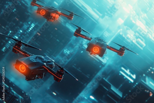 AIcontrolled logistics drones flying in formation, ensuring precision delivery efficiency photo