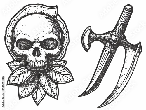 Skull with Leaves and Doubl...
