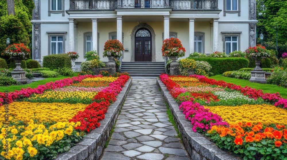 Obraz premium Vibrant flower beds and ornate stone planters arranged symmetrically in a French garden beside a chateau-inspired home.