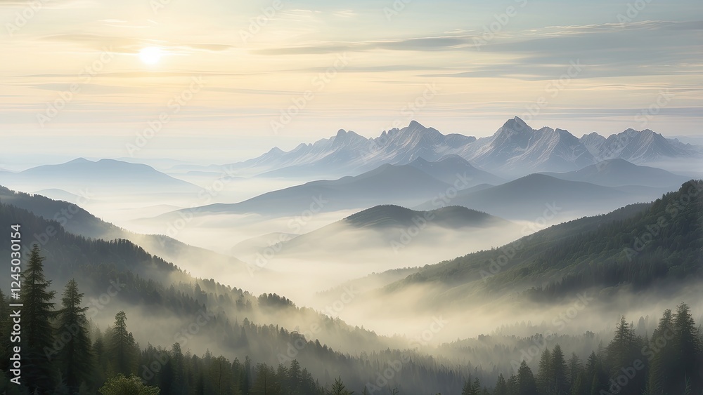 1. A Natural Background: Pine Forests on the Mountains Surrounded by Morning Mist 1. A Natural Background: Pine Forests on the Mountains Surrounded by Morning Mist