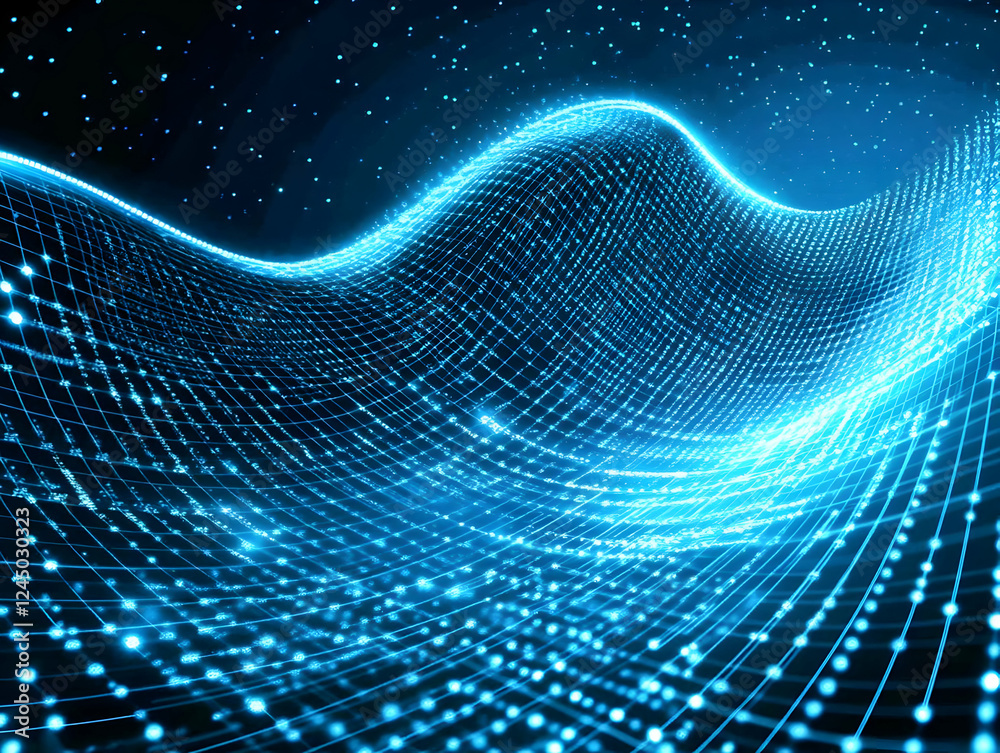 Abstract Blue Wavy Grid Background Flows Smoothly with Glowing Particles and Dark Background Abstract Blue Wavy Grid Background Flows Smoothly with Glowing Particles and Dark Background