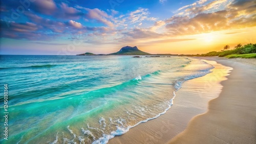 Serene turquoise ocean waters lap against white sandy shores on a picturesque Jeju island beach at sunset