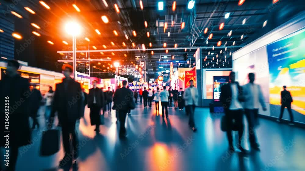 Busy urban exhibition hall with blurred motions and vibrant lights