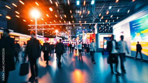 Busy urban exhibition hall with blurred motions and vibrant lights