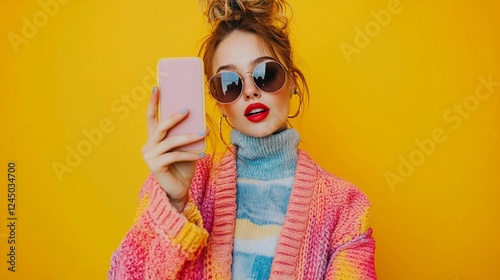 A young woman influencer or digital marketer with a smartphone for content creation against a vibrant yellow studio background, showing the direct connection between digital marketing and social media