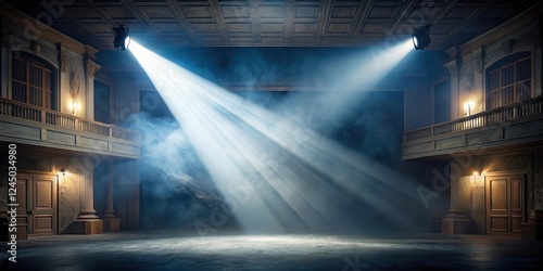 A beam of light from a searchlight pierces through the dense fog, illuminating a dimly lit theatre facade