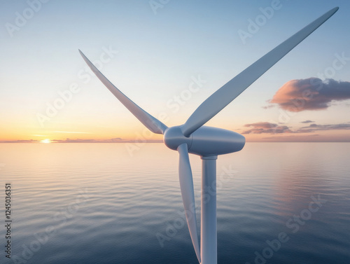 wind turbine stands majestically against serene sunset over calm waters, symbolizing renewable energy and sustainability. tranquil scene evokes sense of peace and hope for future