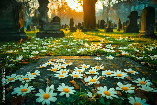 White daisies adorn a weath...