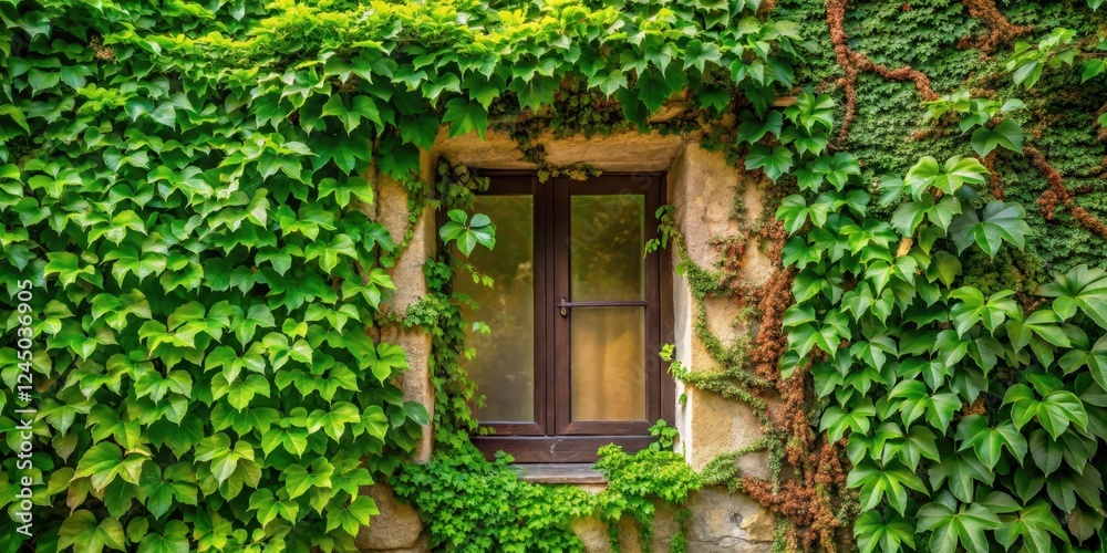 A corner with lush green leaves and vines growing out of it, forming a natural frame around a window or door frame A corner with lush green leaves and vines growing out of it, forming a natural frame around a window or door frame