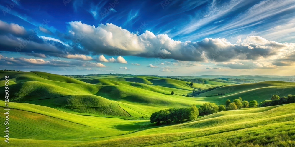 Obraz premium Rolling hills of emerald green stretch towards the horizon, meeting a brilliant blue sky at the top, with a few wispy clouds scattered across it , clear blue sky, beautiful landscape