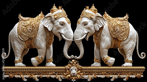 Ornate twin elephant statues, temple detail, black background, decorative art photo