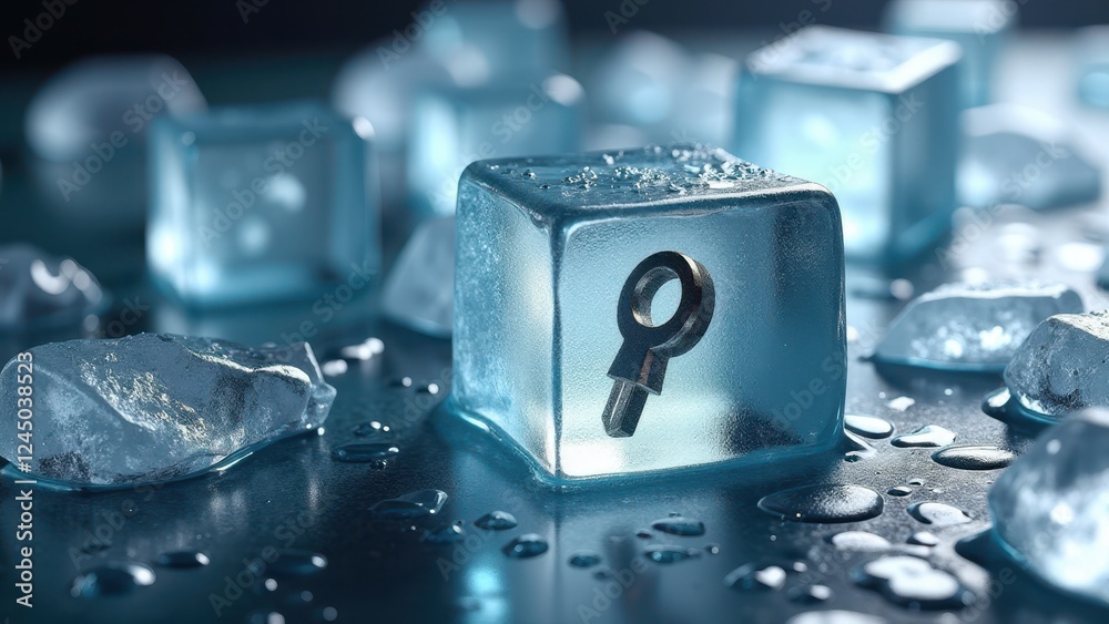Metal key frozen inside a melting ice cube with water droplets on a reflective surface Metal key frozen inside a melting ice cube with water droplets on a reflective surface