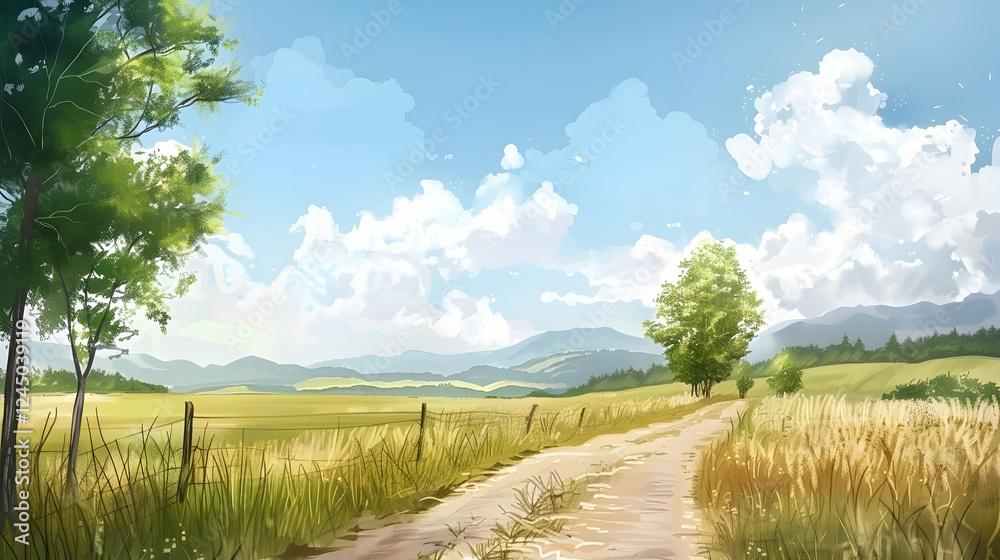 Naklejka premium Serene countryside path leading through golden fields under a bright blue sky with mountains