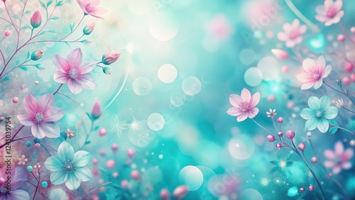 Soft focus pink and turquoise bokeh background with delicate flower patterns, abstract backgrounds, soft focus photos