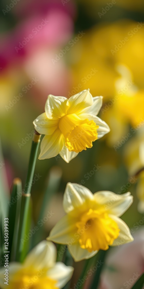 Bright yellow daffodils bloom in a vibrant garden during springtime, showcasing nature's beauty and renewal Bright yellow daffodils bloom in a vibrant garden during springtime, showcasing nature's beauty and renewal