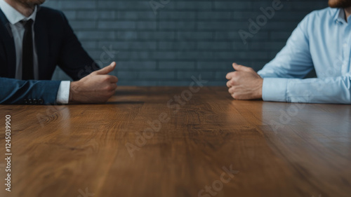 Job Interview Atmosphere Concept, Serious business negotiation between two professionals at wooden table